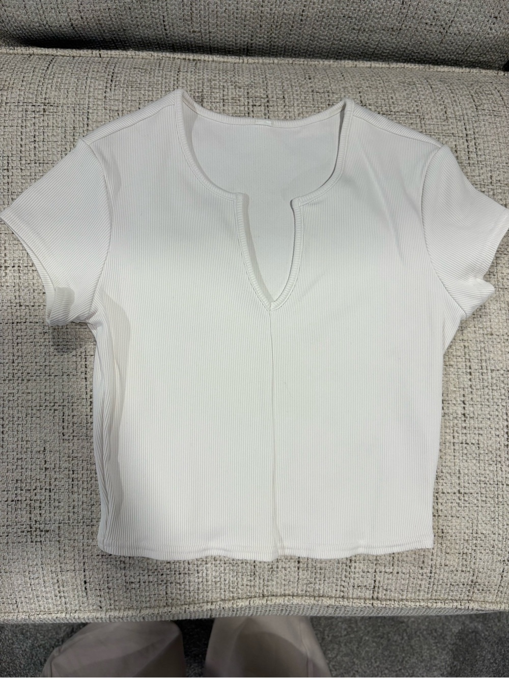 ALO Yoga White Ribbed Notch-Neck Short Sleeve Top